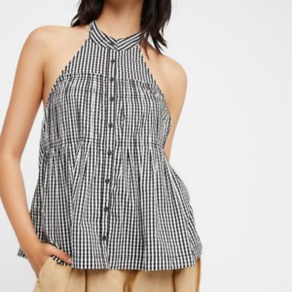 Free People Gingham Plaid Halter Top Take It Easy Button Tie - Size Small